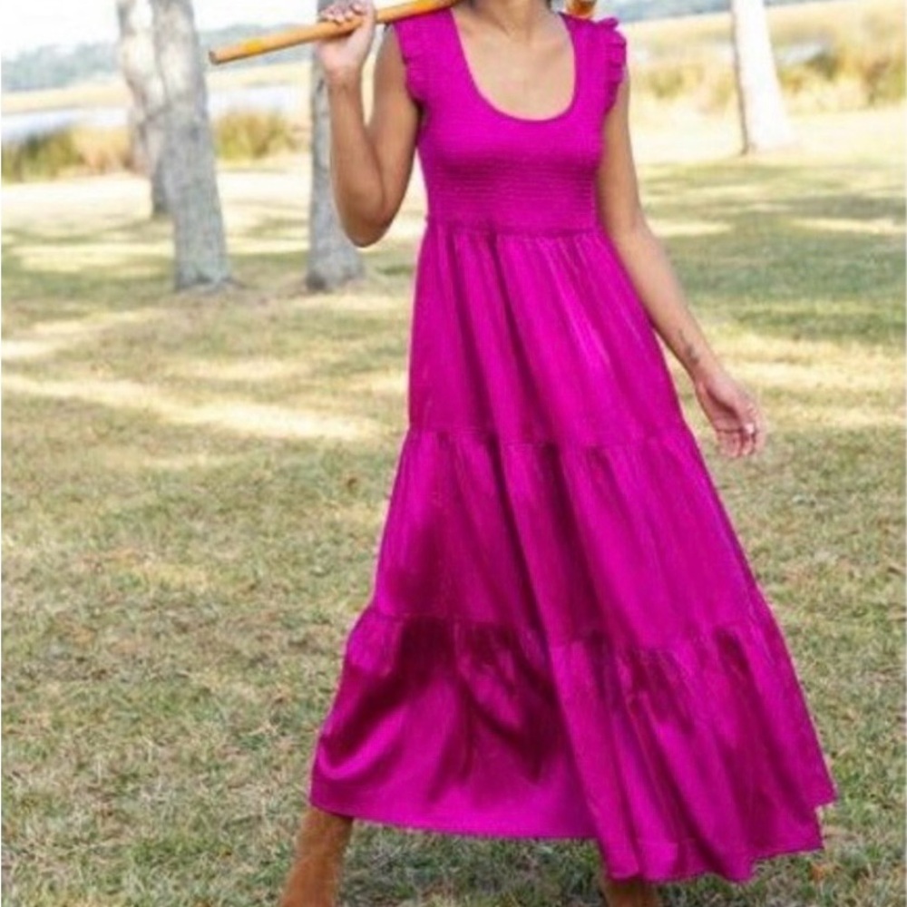 Natural Life Smocked Satin Flutter Sleeve Maxi Dress Tiered New